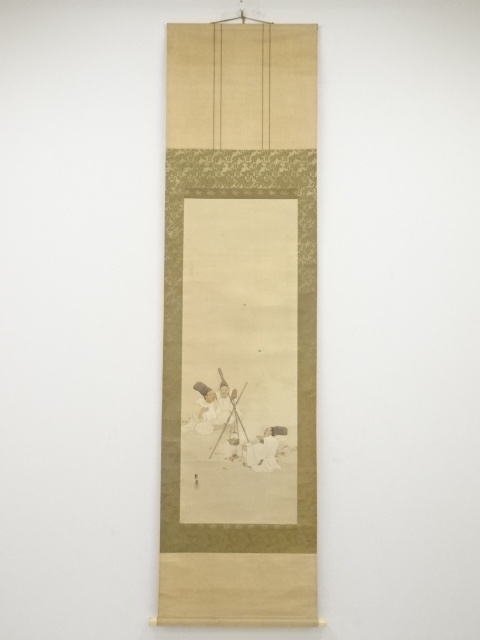 大正期　孤堂筆　煖酒歓楽図　肉筆絹本掛軸（共箱）